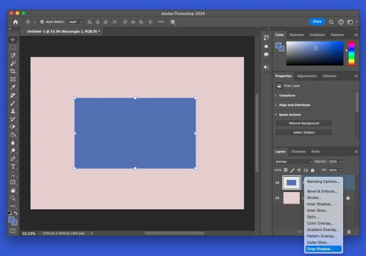 الظل المنسدل في قائمة تأثيرات الفوتوشوب.