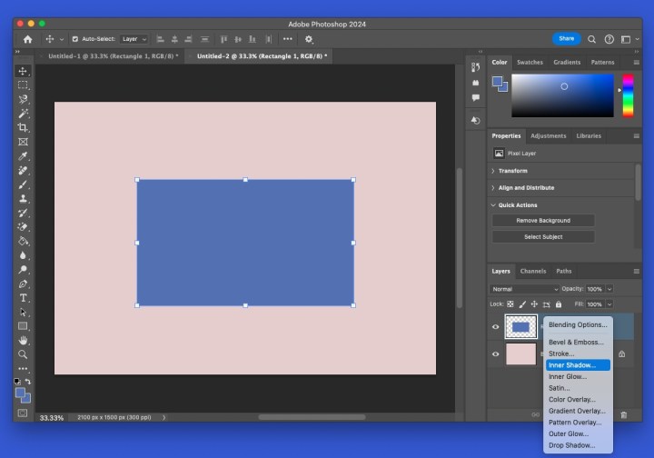 الظل الداخلي في قائمة تأثيرات الفوتوشوب.