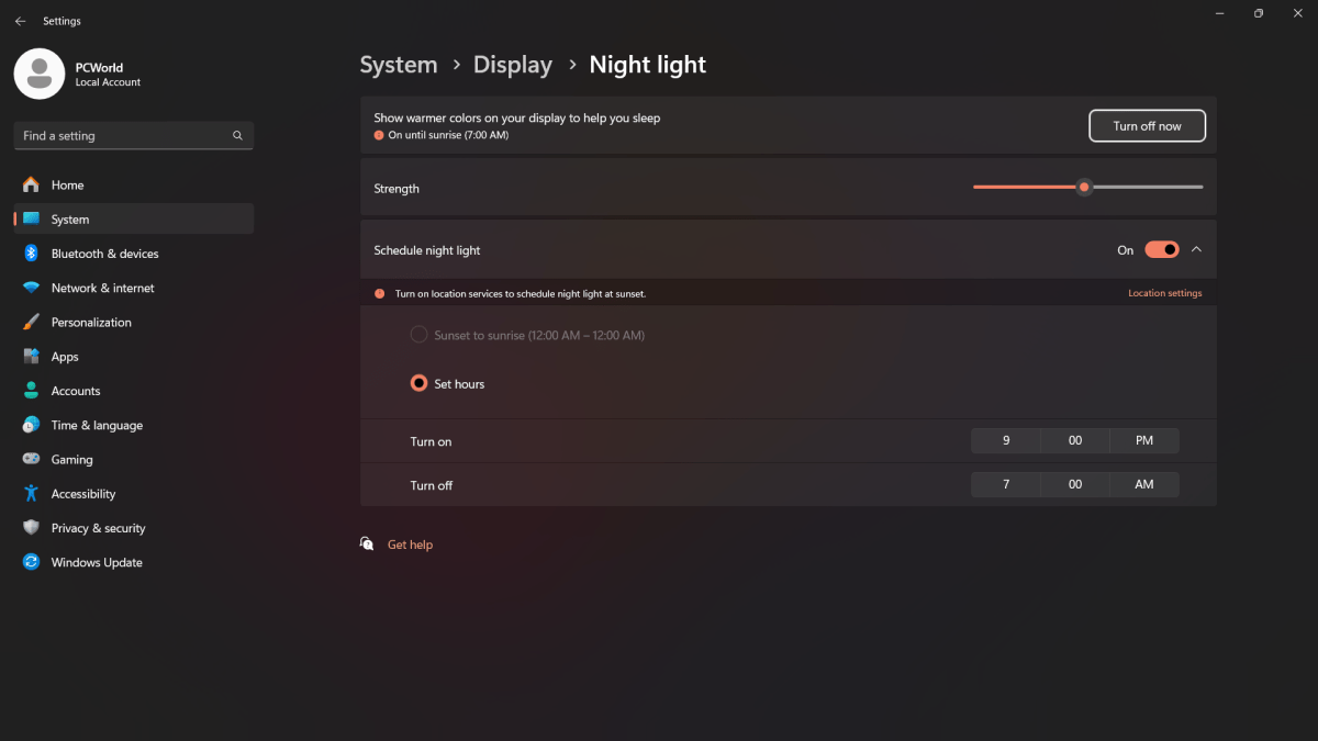 إعدادات Night Light في Windows 11