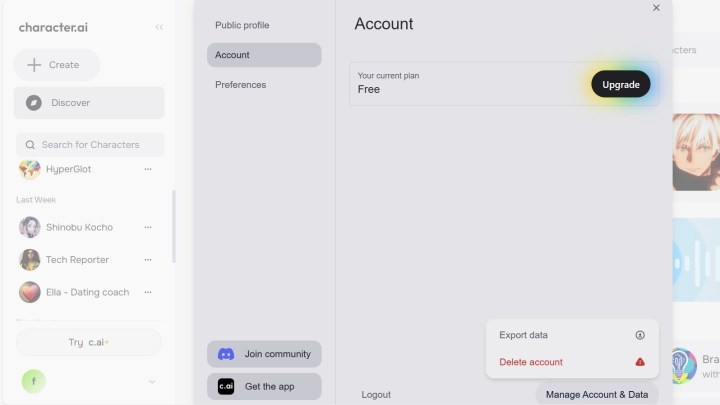 Character.AI حذف إعدادات الحساب.