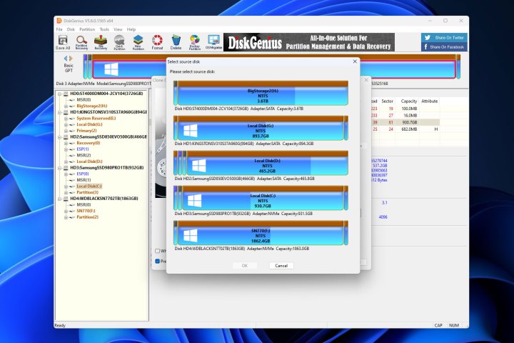 اختيار القرص المصدر في Disk Genius.