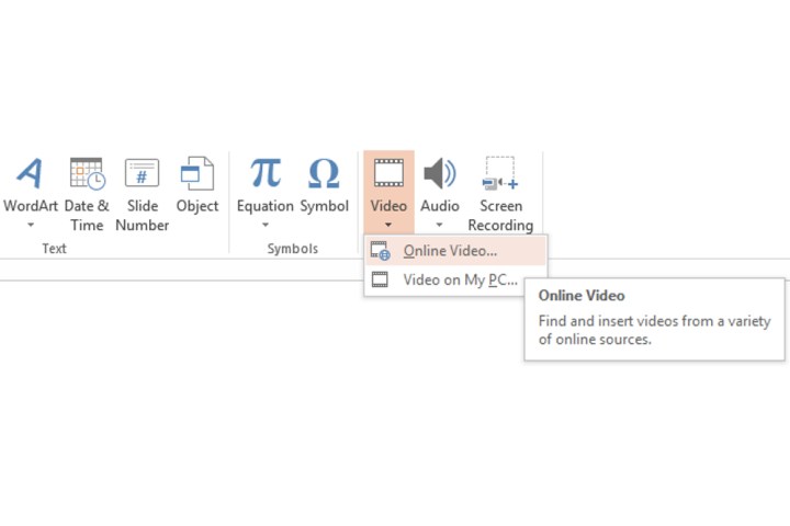 زر الفيديو عبر الإنترنت في Microsoft PowerPoint.