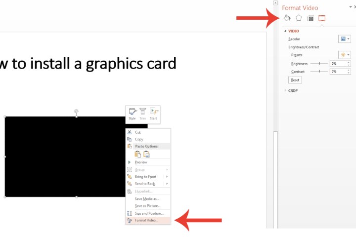نافذة تنسيق الفيديو حيث يمكنك تخصيص إعدادات معينة لفيديو YouTube المضمن في Microsoft PowerPoint.