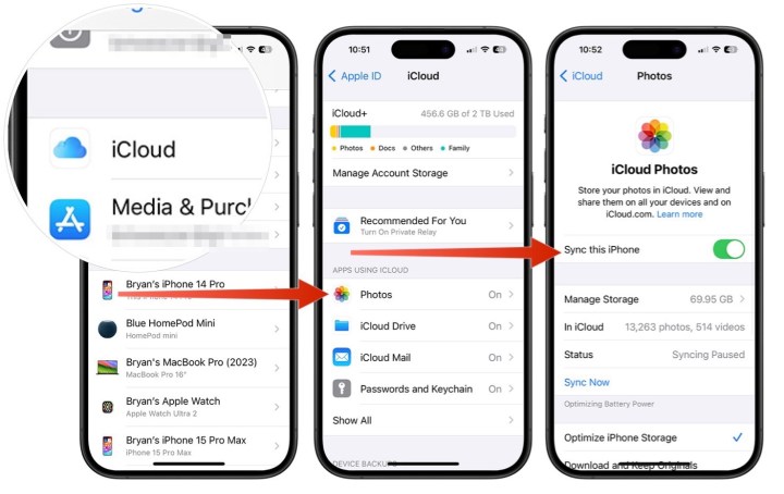 لقطات شاشة توضح كيفية مزامنة الصور على iPhoto مع iCloud.
