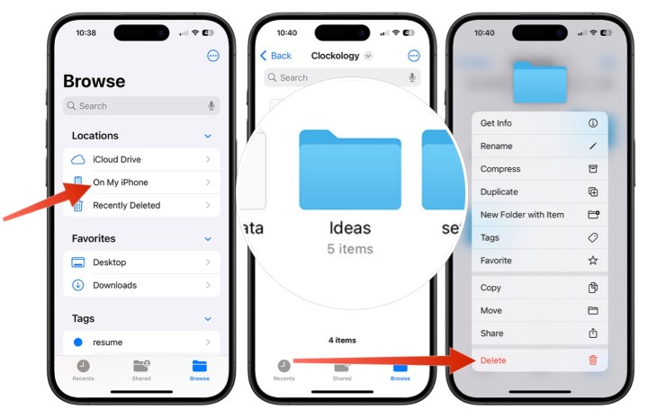 لقطات شاشة توضح كيفية حذف الملفات من جهاز iPhone الخاص بك.