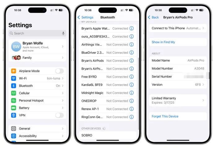 لقطة شاشة توضح كيفية إلغاء اقتران AirPods من iPhone.