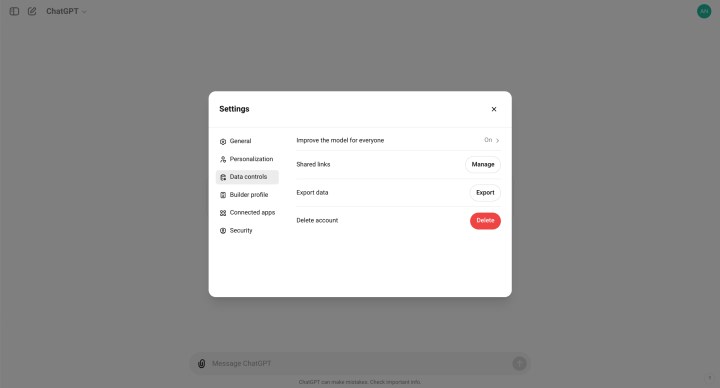 شاشة إلغاء الاشتراك في التدريب لمستخدمي chatgpt الذين قاموا بتسجيل الدخول