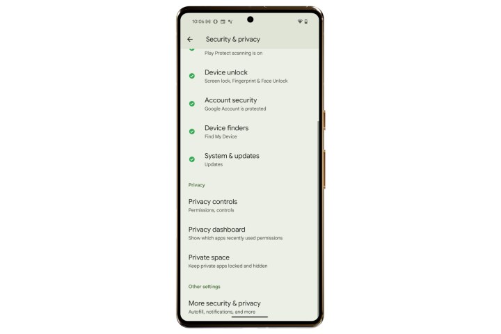 إعدادات Android 15 للمساحة الخاصة.