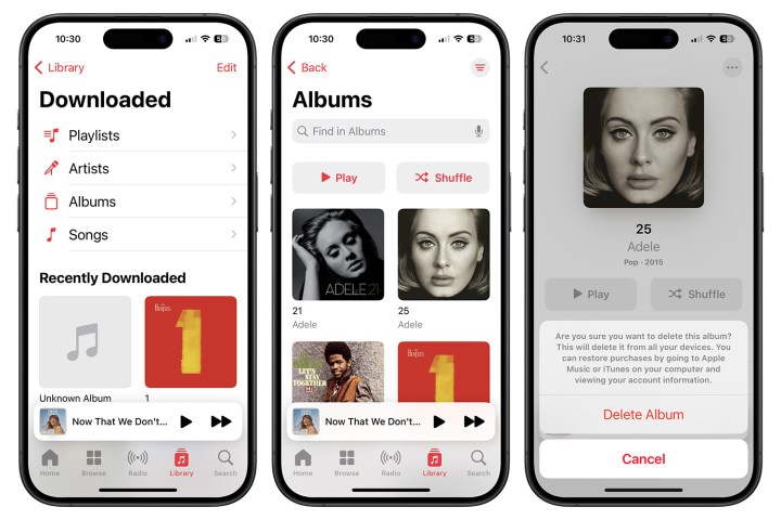 لقطات شاشة توضح كيفية حذف المحتوى من تطبيق الموسيقى على iPhone.
