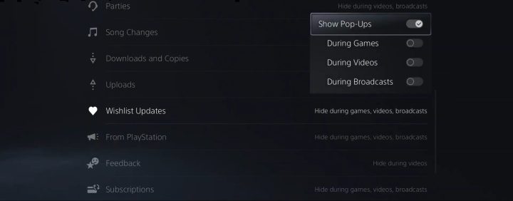قائمة إشعارات PS5