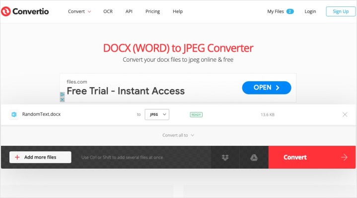 قم بالتحويل على صفحة Convertio Doc إلى JPEG.