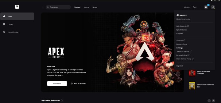 الشاشة الرئيسية لـ Epic Games.