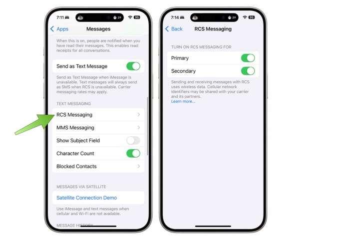 لقطات شاشة توضح كيفية العثور على إعدادات RCS على نظام التشغيل iOS 18.