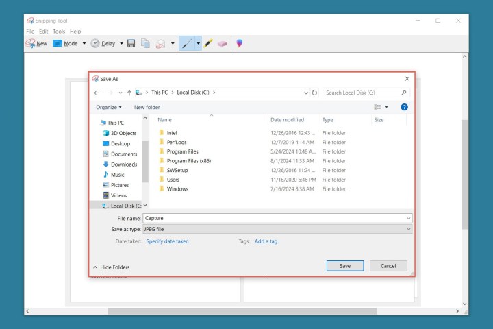 مربع الحوار حفظ باسم أداة القصاصة.