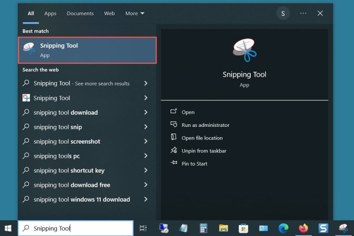 أداة Windows Snipping في نتائج البحث.