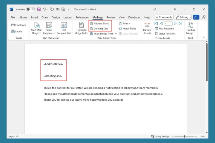 حقول العنوان وسطر التحية لدمج البريد في Word.