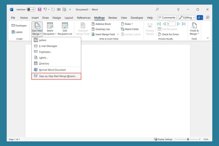 معالج دمج المراسلات في علامة التبويب
