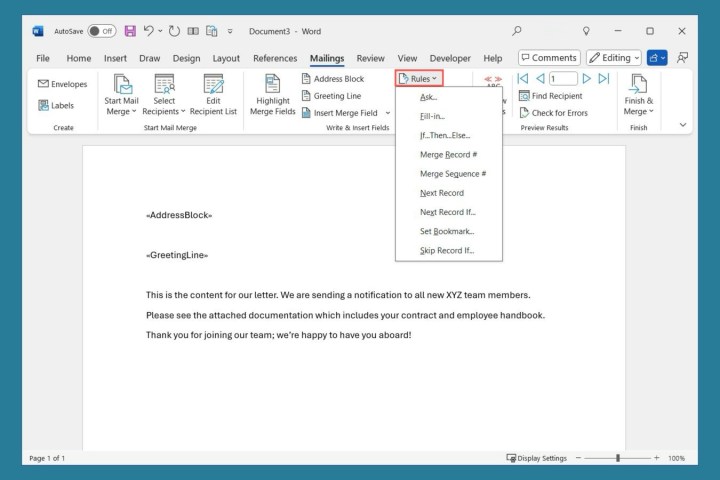 قواعد دمج البريد في Word.