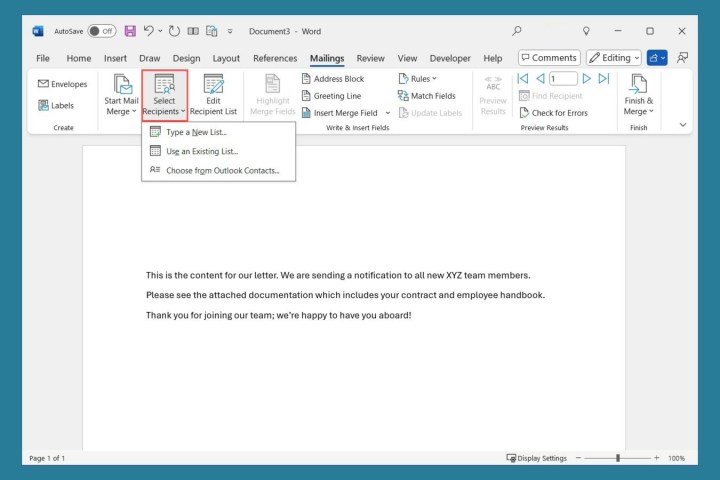 تحديد المستلم في علامة التبويب
