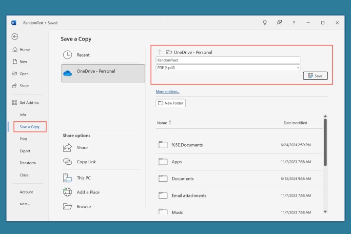 حفظ بصيغة PDF في Word.