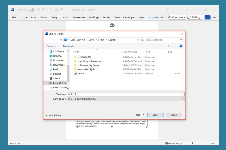 مربع حوار حفظ كصورة في Word.