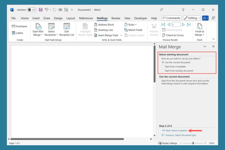 معالج دمج المراسلات في Word الحالي أو القالب.