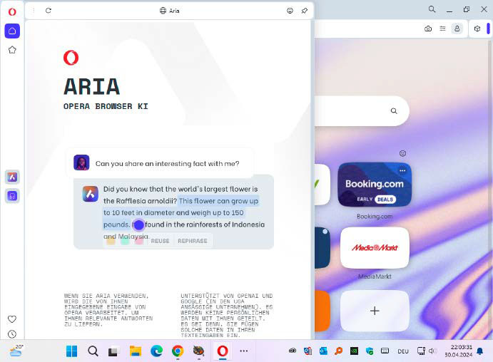 يتم مهرجان Die KI Aria في متصفح Opera المتكامل والمباشر المباشر لـ Fragen beispielsweise zu Begriffen auf Websiten. يمكنك أيضًا الدخول إلى Opera مباشرة عبر رابط ChatGPT وChatSonic.