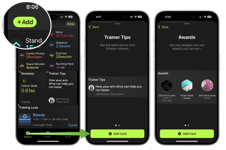 لقطات شاشة توضح كيفية إجراء تغييرات على صفحة الملخص في تطبيق Apple Fitness في نظام التشغيل iOS 18.