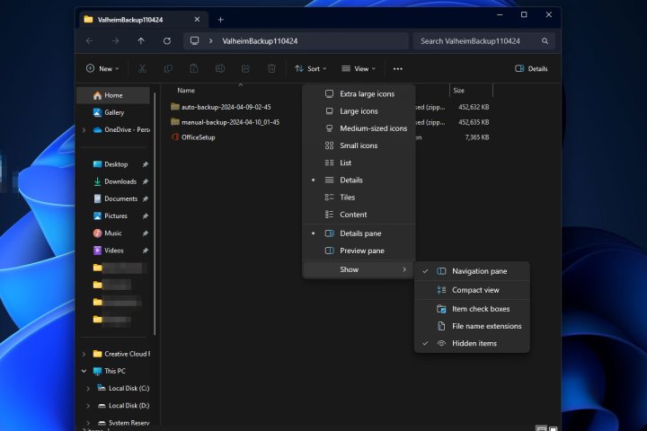 العناصر المخفية في Windows 11.