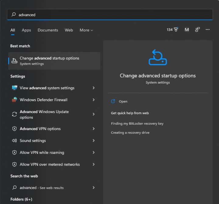 بدء التشغيل المتقدم في شريط بحث Windows.