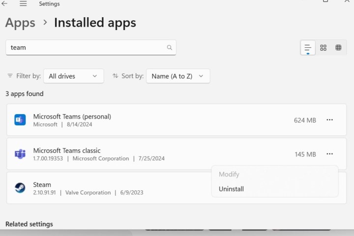 إعدادات إلغاء تثبيت Microsoft Teams.