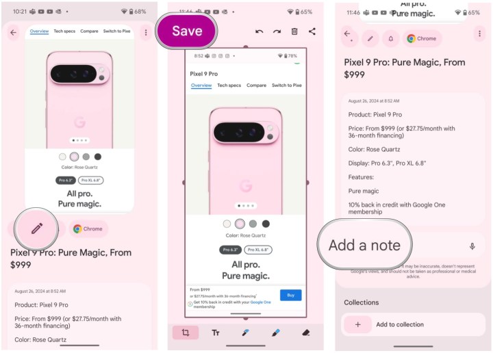 في لقطات الشاشة Pixel، حدد رمز القلم الرصاص للدخول إلى وضع العلامات، أو قم بالتمرير لأسفل لإضافة ملاحظة.