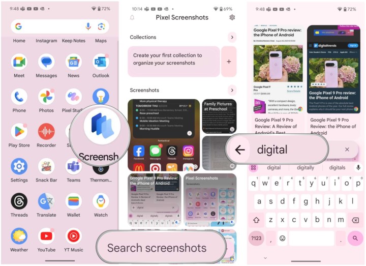 افتح تطبيق Screenshots على Pixel 9، وحدد شريط البحث في الأسفل، واكتب الاستعلام للحصول على نتائج في الوقت الفعلي.