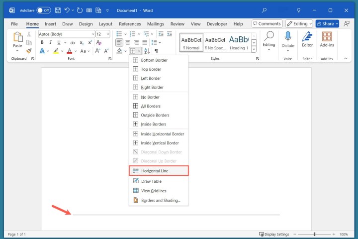 خط أفقي في قائمة حدود الكلمة