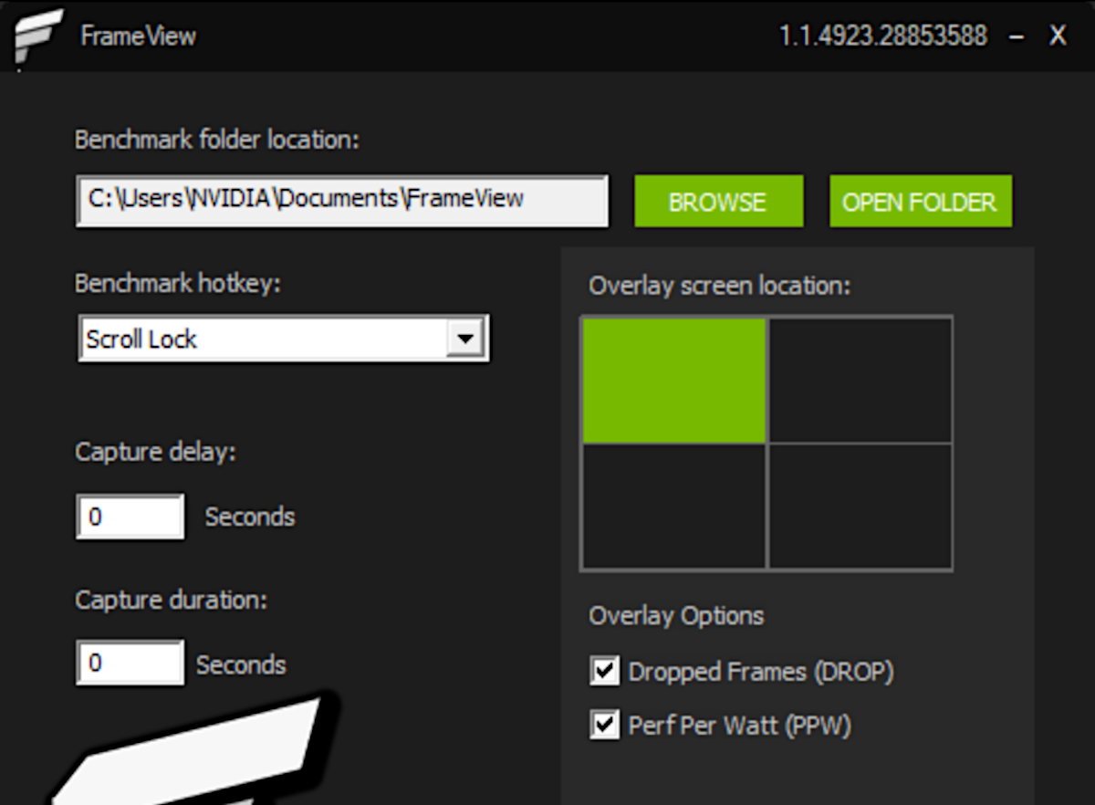 لقطة شاشة لإعدادات تطبيق Nvidia FrameView