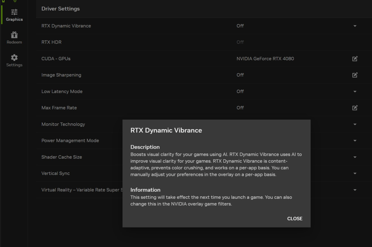 لقطة شاشة لإعدادات RTX Dynamic Vibrance في قسم الرسومات في تطبيق Nvidia