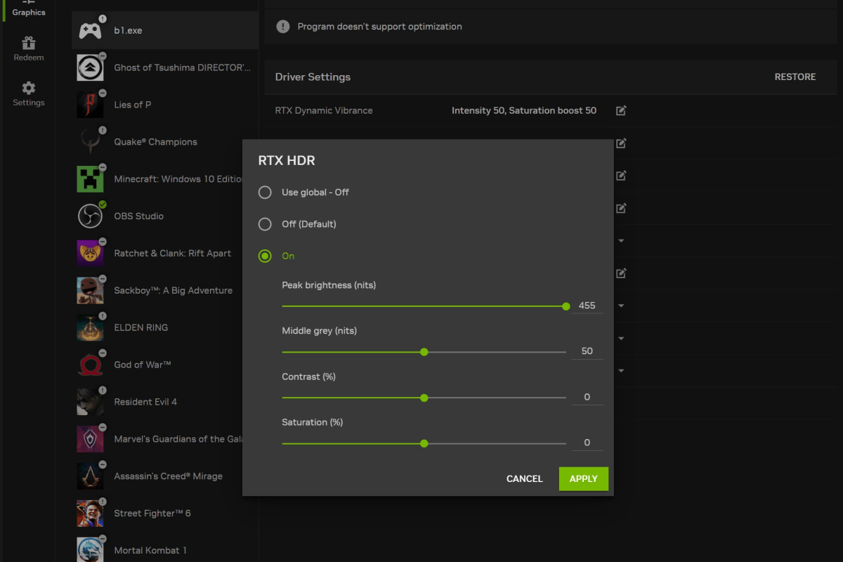 لقطة شاشة لشرائح إعدادات RTX HDR لقسم الرسومات في تطبيق Nvidia