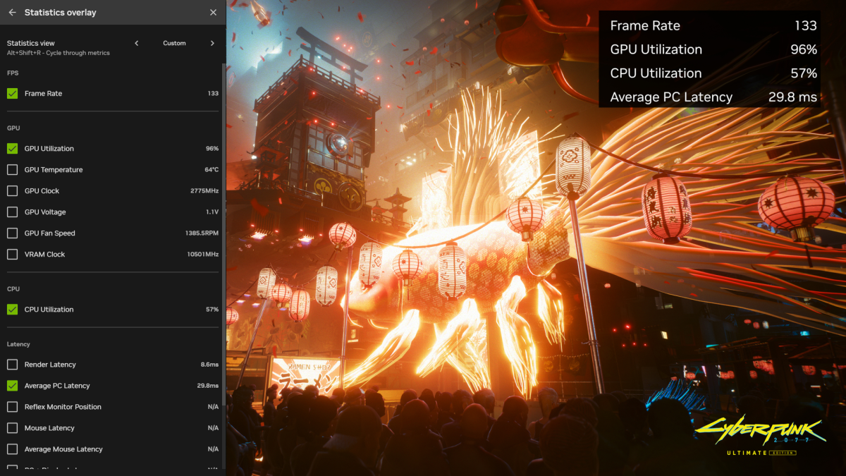 لقطة شاشة لميزة تراكب إحصائيات تطبيق Nvidia لـ Cyberpunk 2077