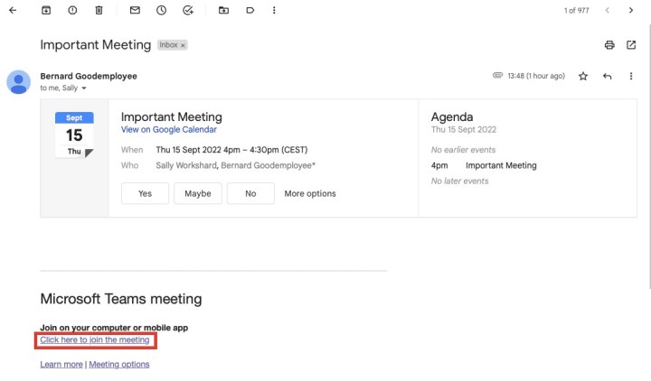 البريد الإلكتروني من Microsoft Teams.
