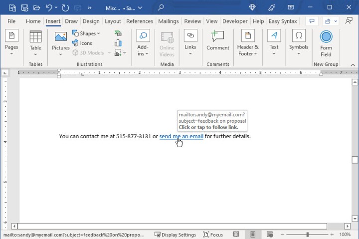 نص مرتبط بعنوان البريد الإلكتروني في Word.