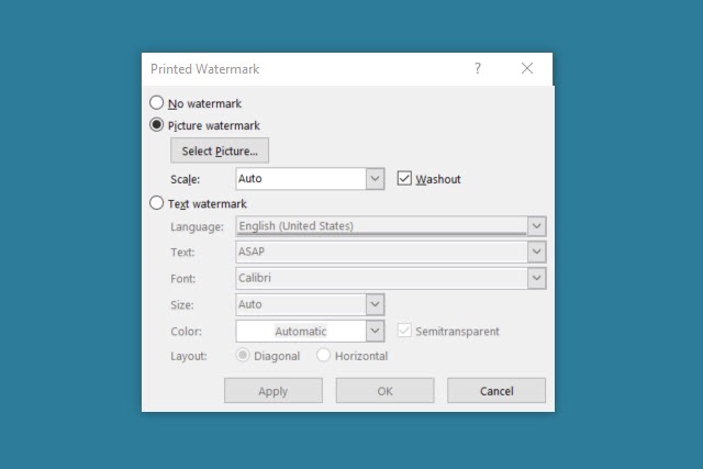 خيار العلامة المائية للصورة في الوورد.