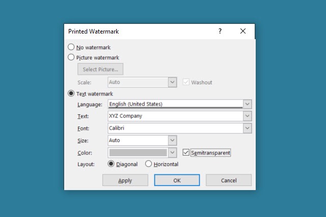 إعدادات العلامة المائية النصية في Word.
