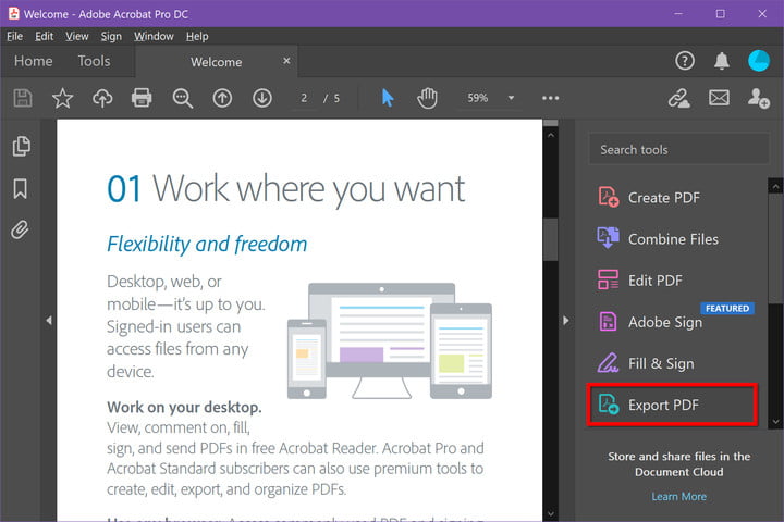 تصدير ملف PDF في Adobe Acrobat Pro