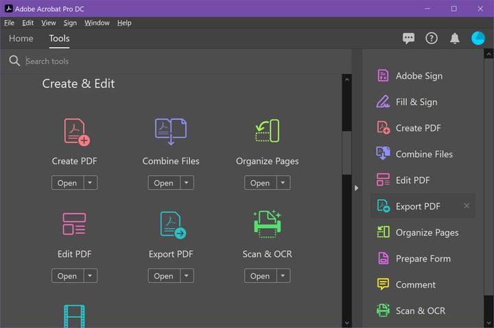 لوحة الأدوات في Adobe Acrobat Pro DC