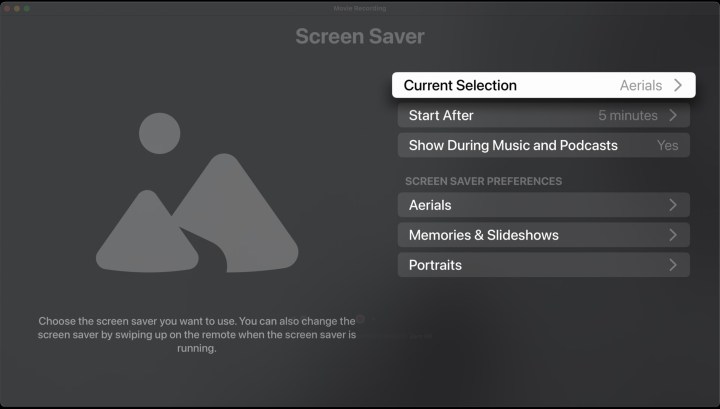 خيار شاشة التوقف الحالية لجهاز Apple TV.