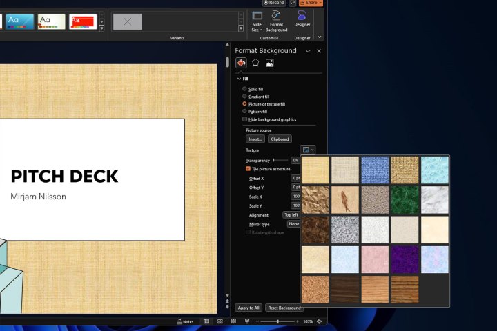 اختيار الملمس للخلفية في PowerPoint.