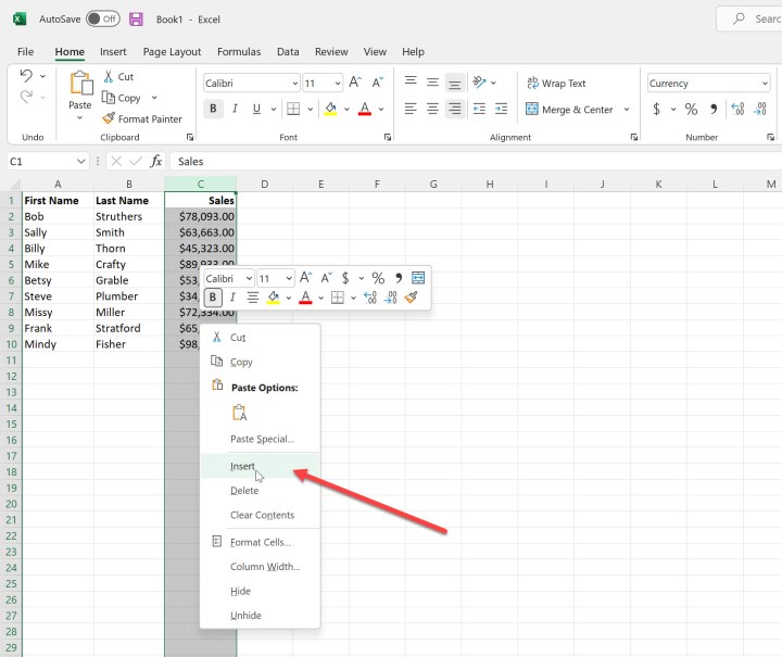 اختيار إدراج عمود من القائمة في Microsoft Excel.