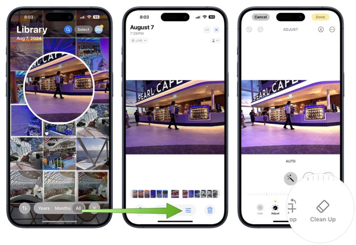 لقطات شاشة توضح كيفية الوصول إلى أداة التنظيف على iPhone.