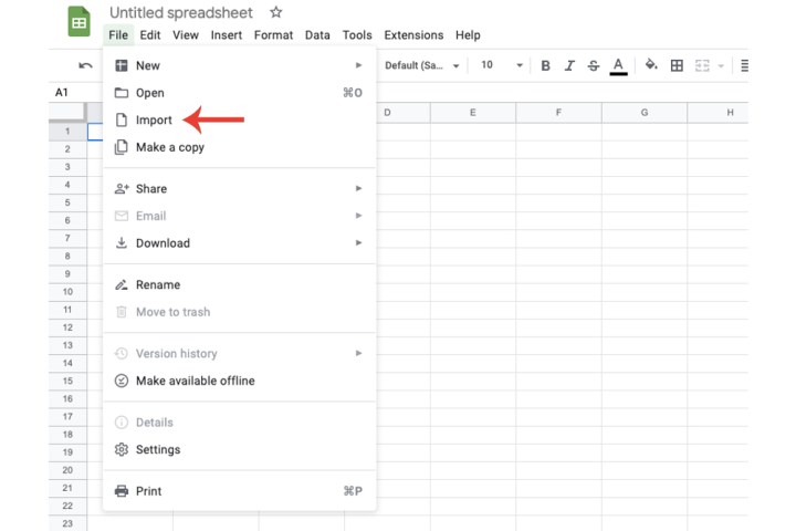 زر الاستيراد على جداول بيانات Google.