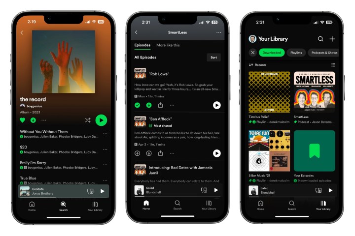 مجموعة من لقطات الشاشة حول كيفية تنزيل الموسيقى والبودكاست من Spotify على الهاتف المحمول.